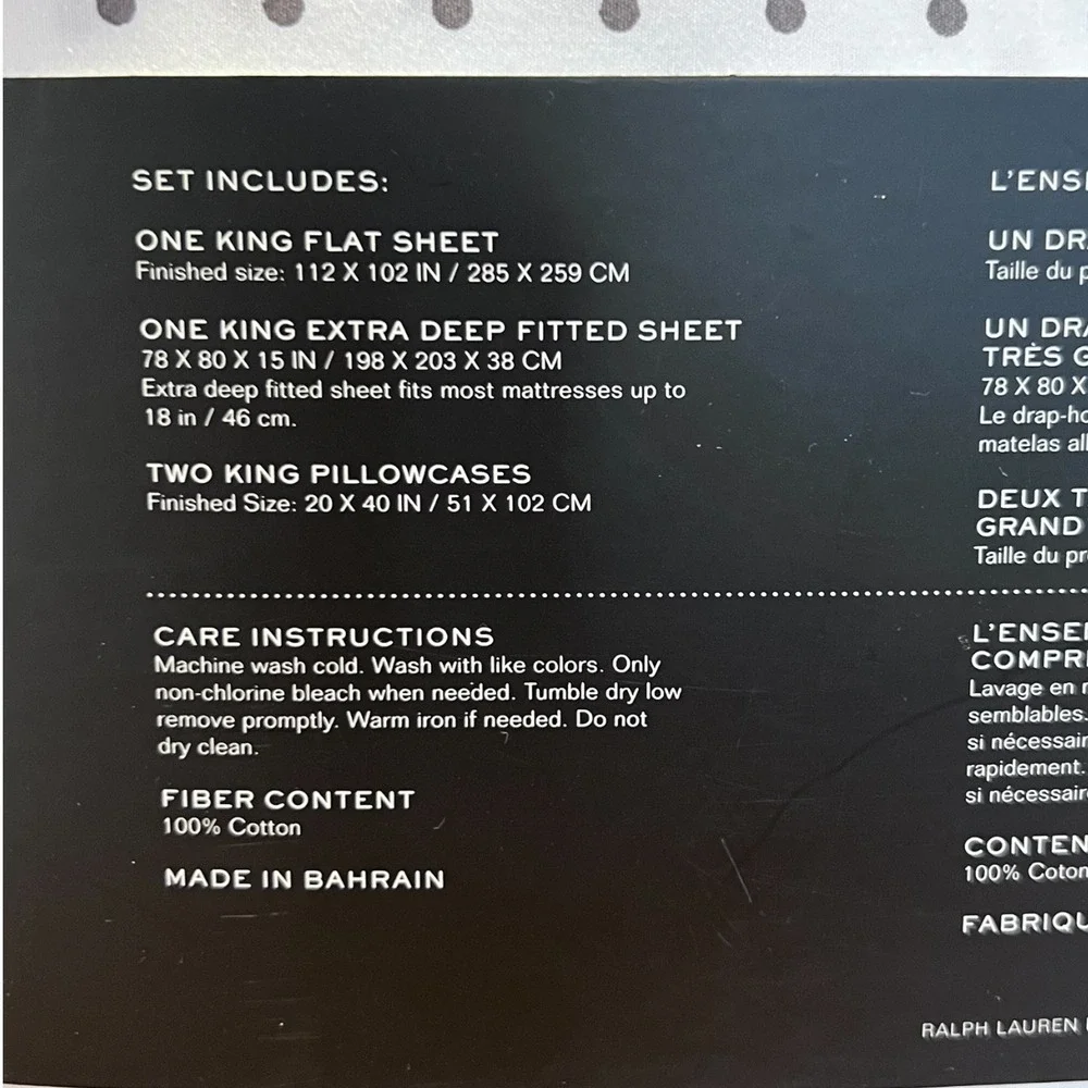 NEW Lauren Ralph Lauren King Sheet Set White Gray Dot Cotton Extra Deep Rare